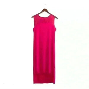 🌈 6/$60 DKNY Hot Pink Midi Dress Sheer Neckline Vented Hem Hi-Low Hem Small